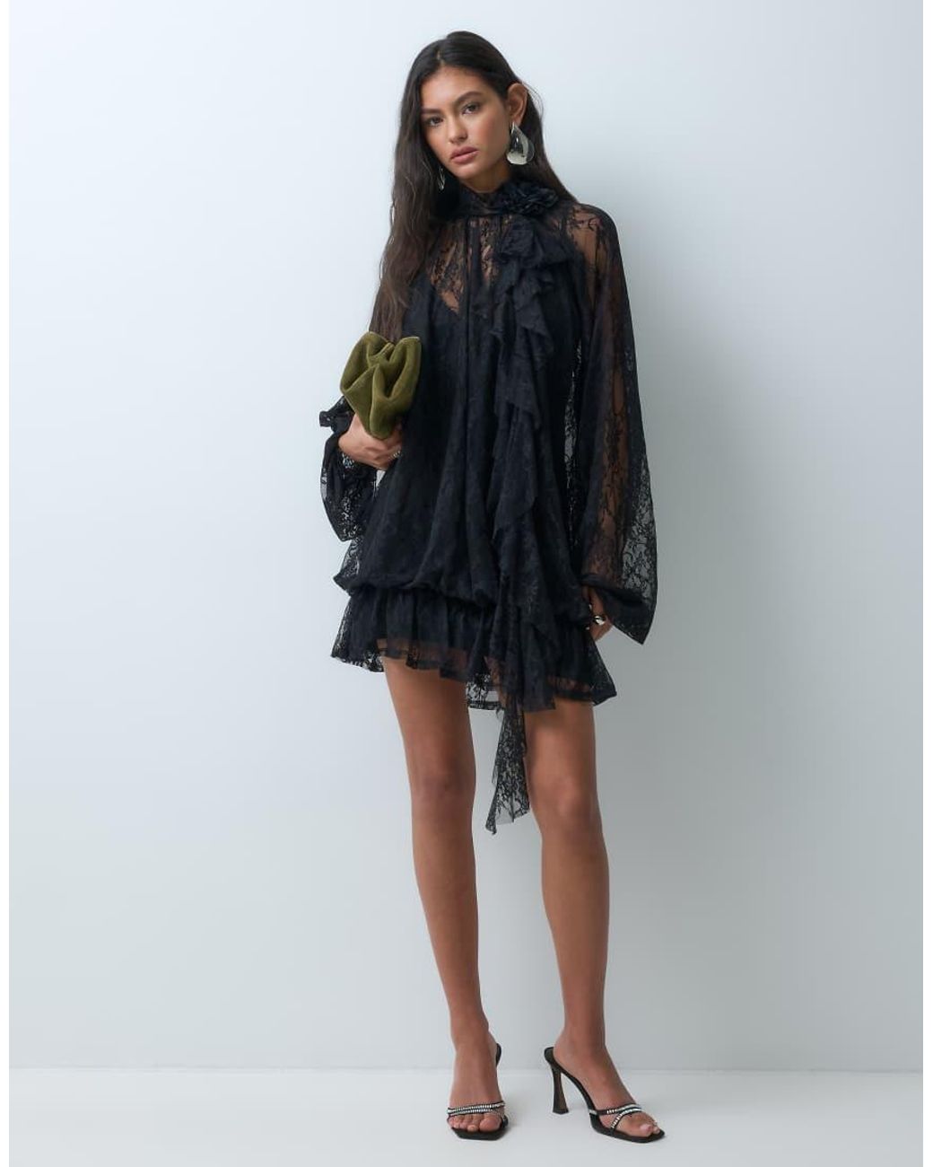 ASOS Blue Lace Dropped Waist Mini Dress With Corsage And Blouson Sleeve Detail