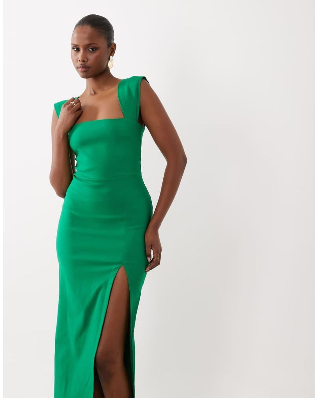 Vesper Green Bengaline Square Neck Thigh Split Midi Dress