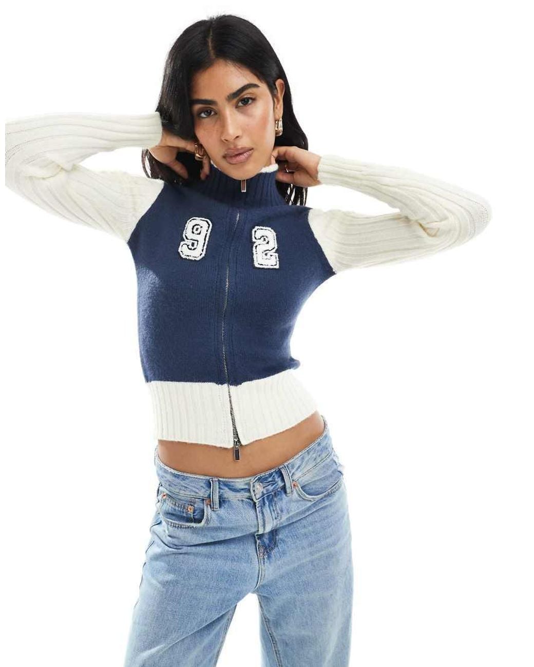 Daisy Street Blue Zip Up High Neck Fitted Cardigan