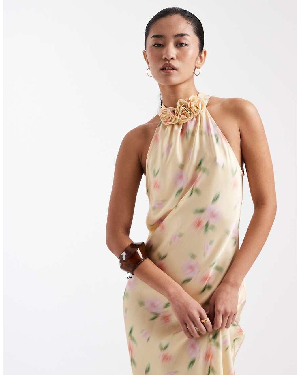 New Look Natural Floral Corsage Halterneck Satin Midi Dress