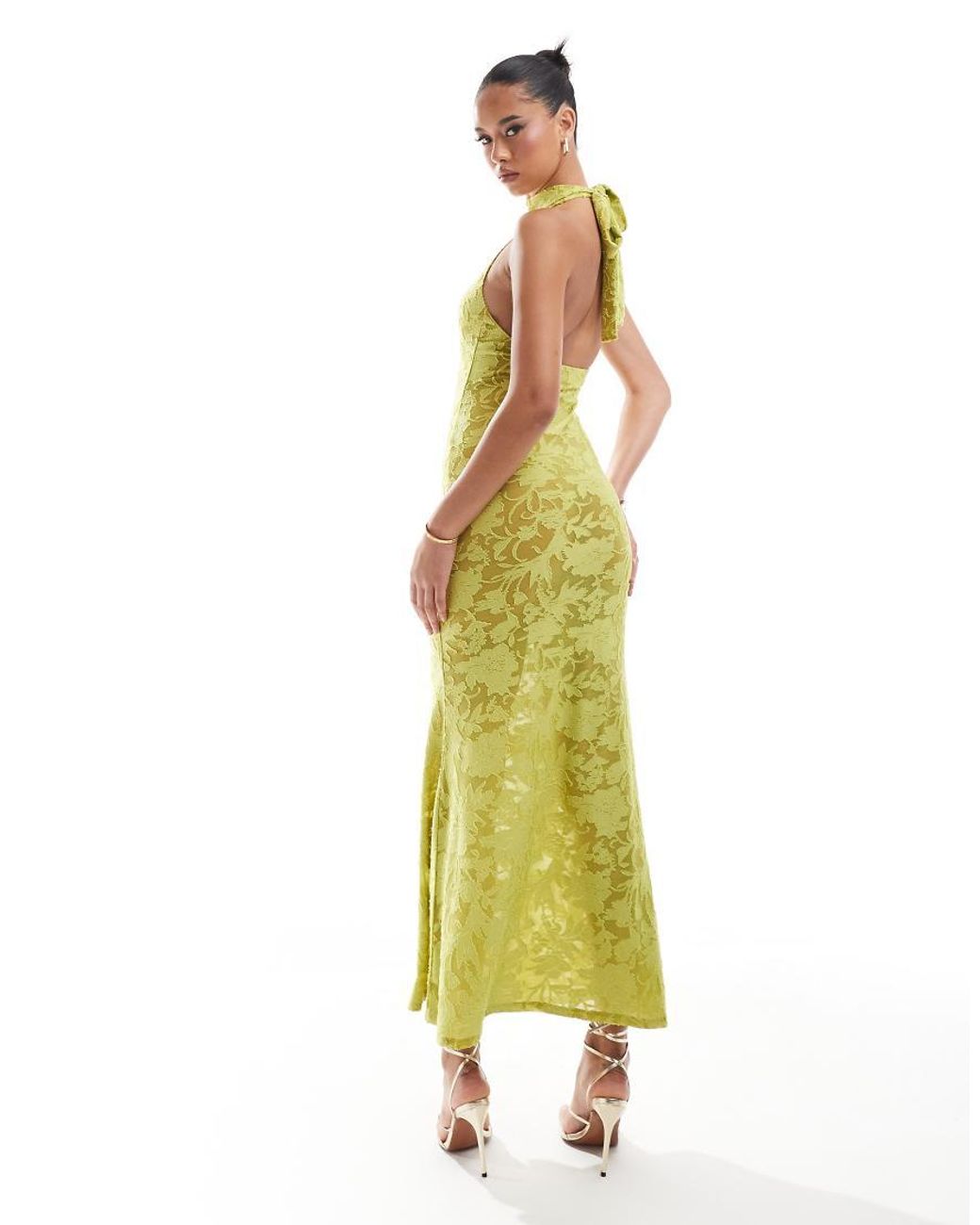 Asos Design Vestido Dorado Transparente Vestido Largo Verde Con Espalda  Baja Y Cuello Halter De Devor