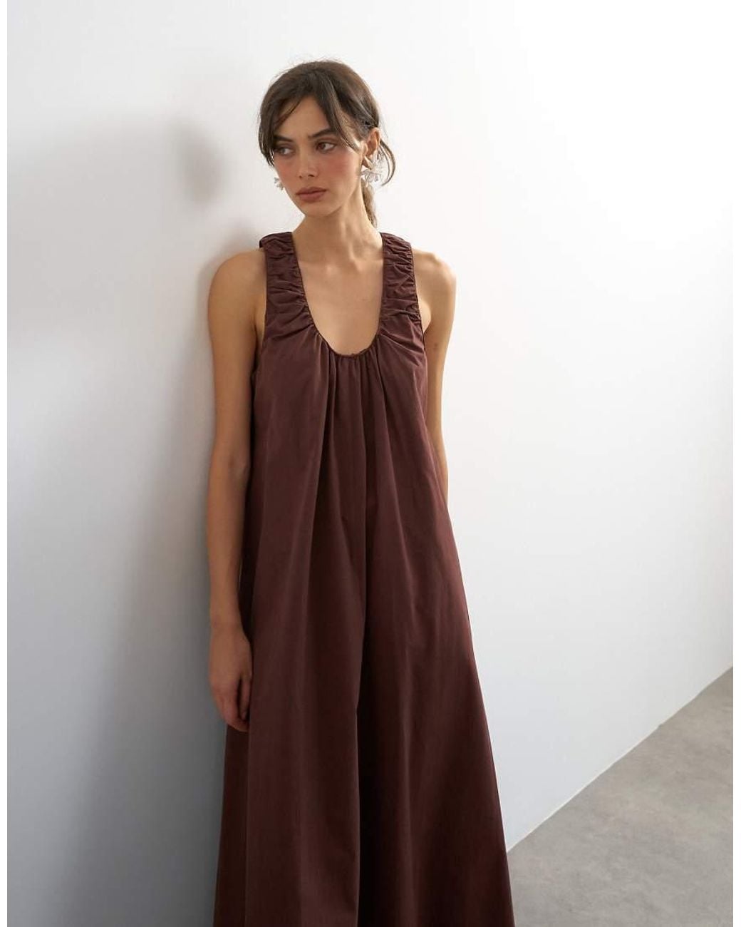TOPSHOP Brown Cotton Poplin Ruched Neck Maxi Sundress