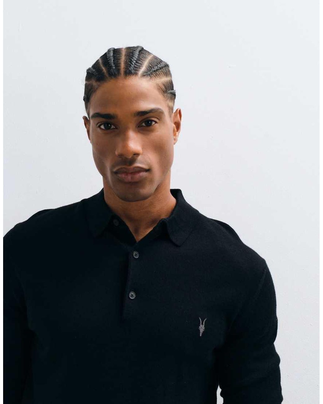 AllSaints Blue Mode Merino Long Sleeve Logo Knit Polo for men