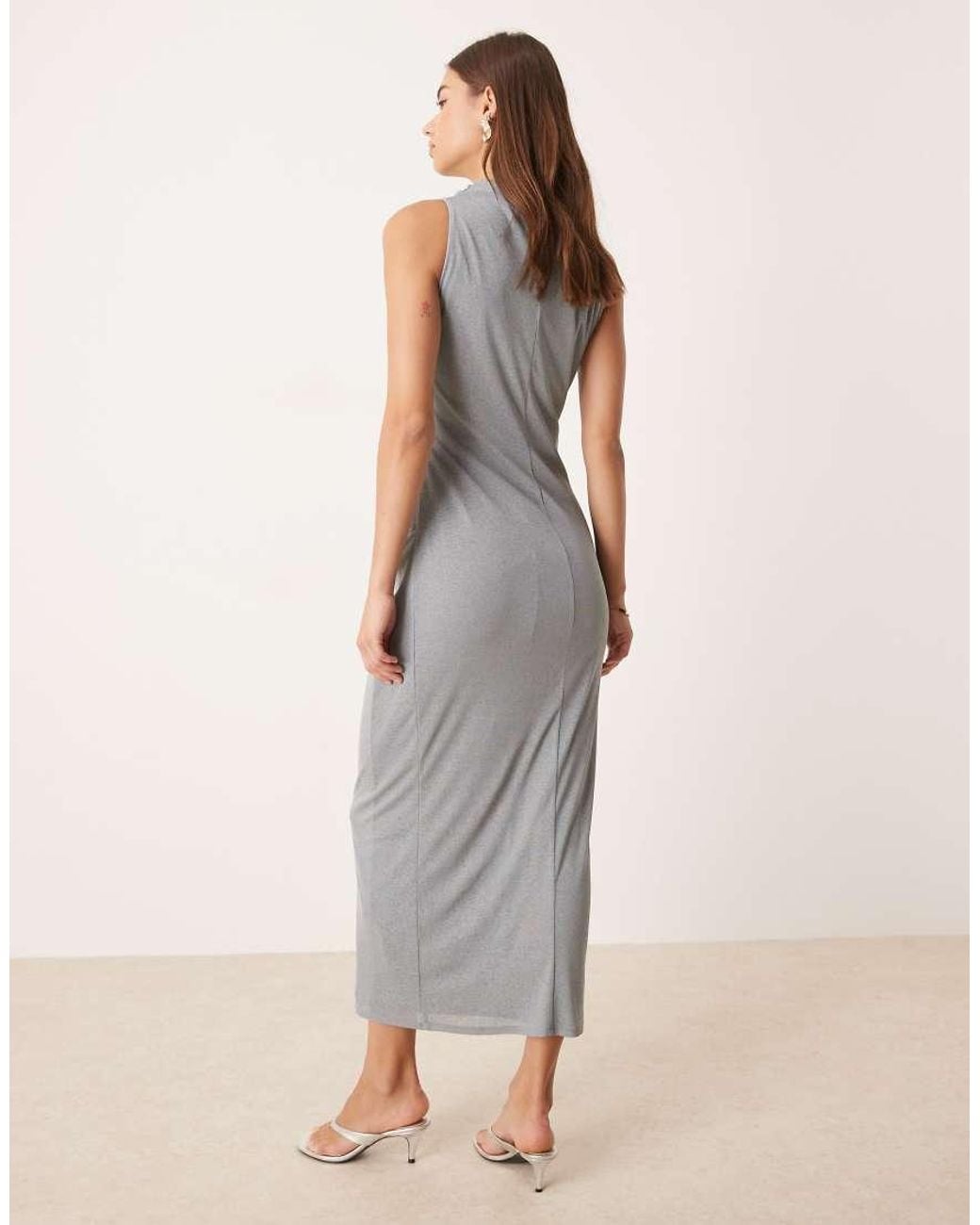 ASOS Gray Mesh Sleeveless Ruched Midi Dress