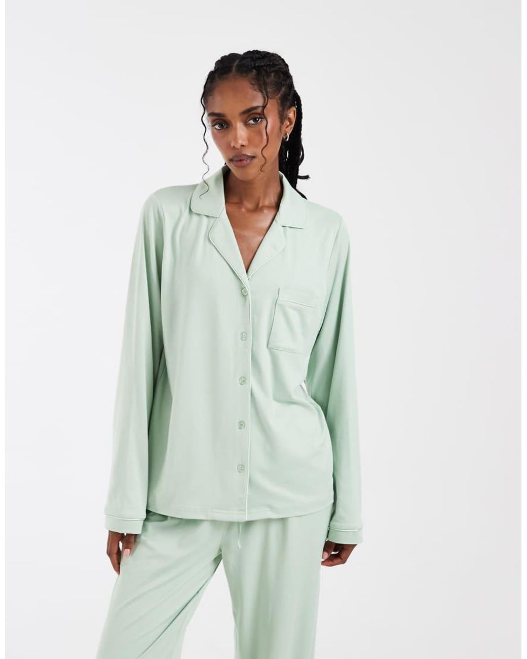 Loungeable Green Super Soft Jersey Revere Top And Wide Leg Pyjama Set