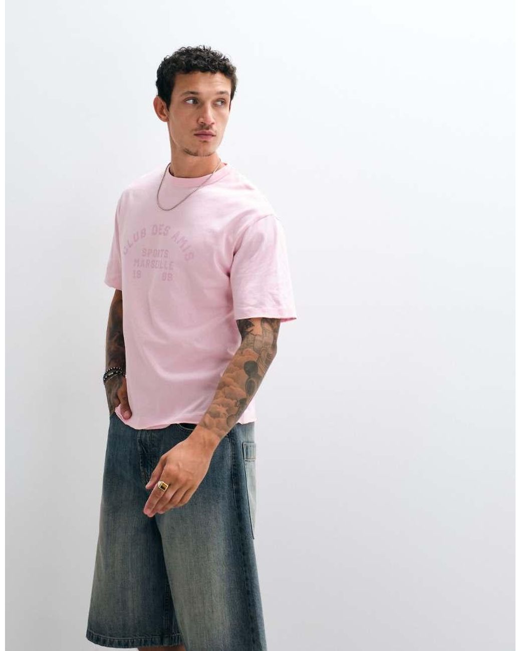 ASOS Pink Boxy Relaxed T-shirt With Front Text Graphic And Raw Hems for men