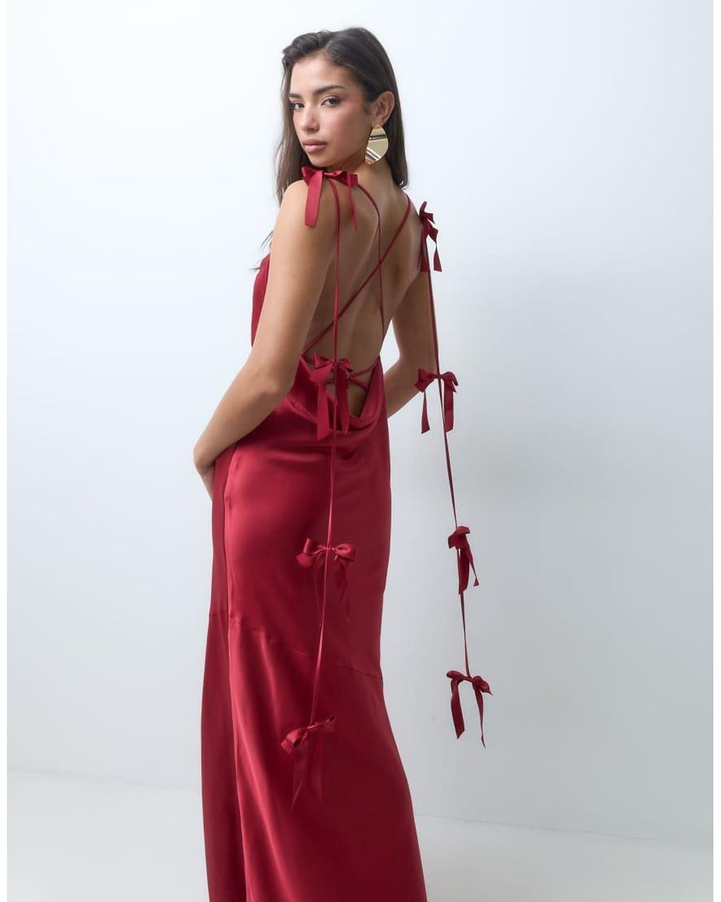 Wanderdoll Red Aria Satin Cowl Neck Bow Drape Detail Strappy Back Maxi Dress