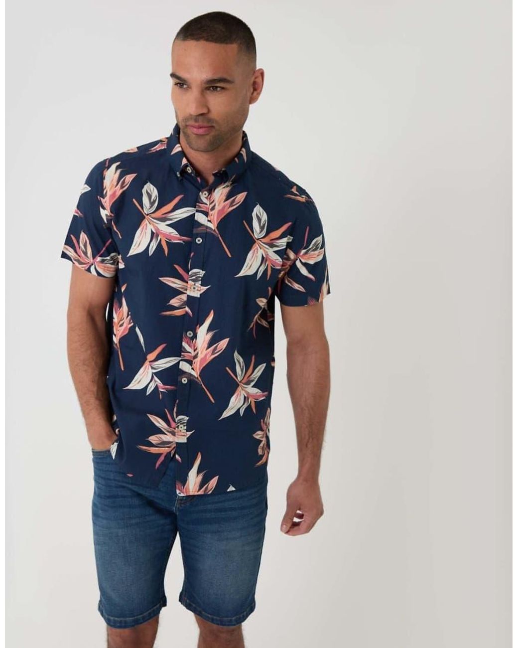 Threadbare Blue Tropical Leaf Print Cotton Short Sleeve Shirt for men