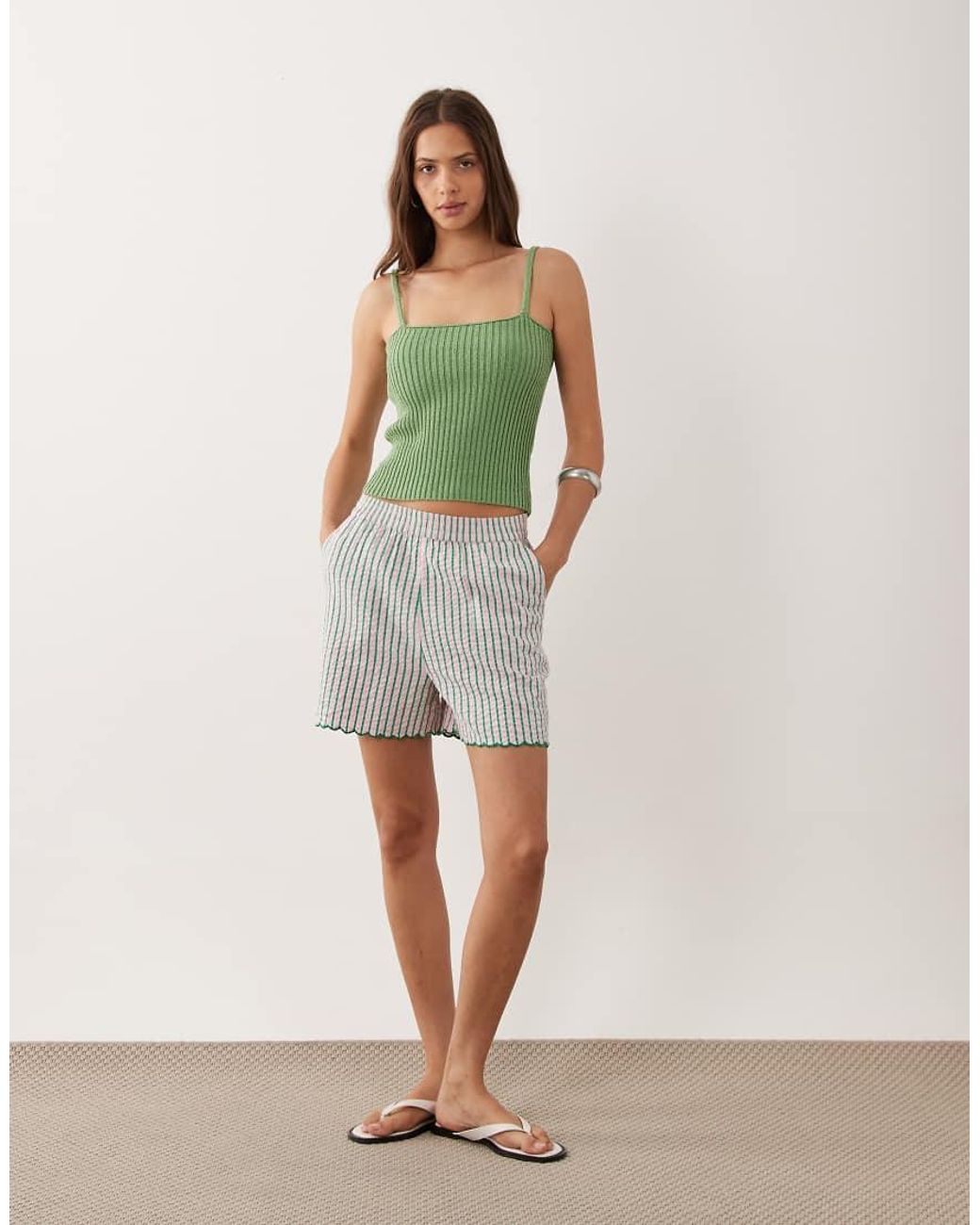 New Look Green Stripe Scallop Hem Short