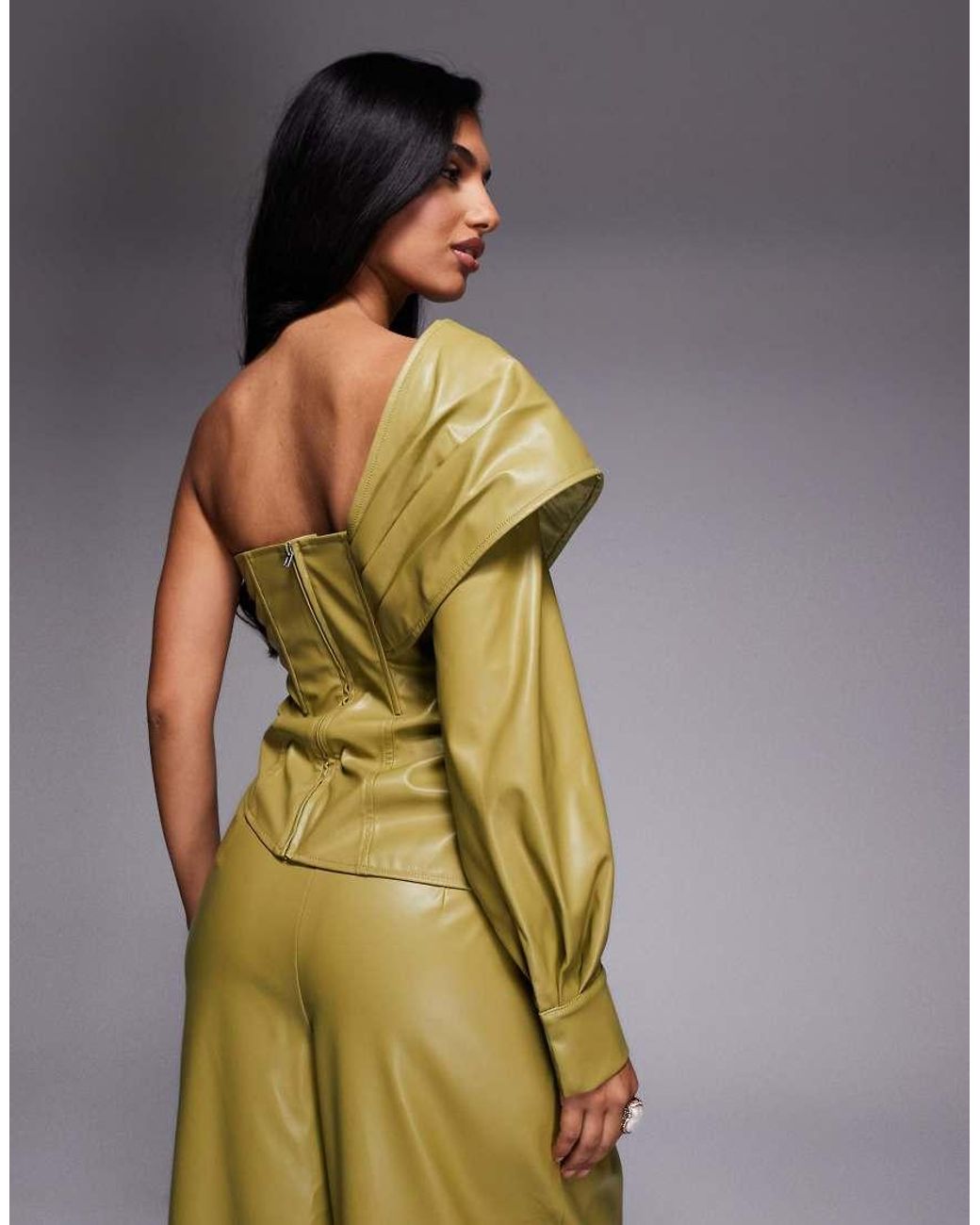 ASOS Green Pu One Shoulder Pleated Top