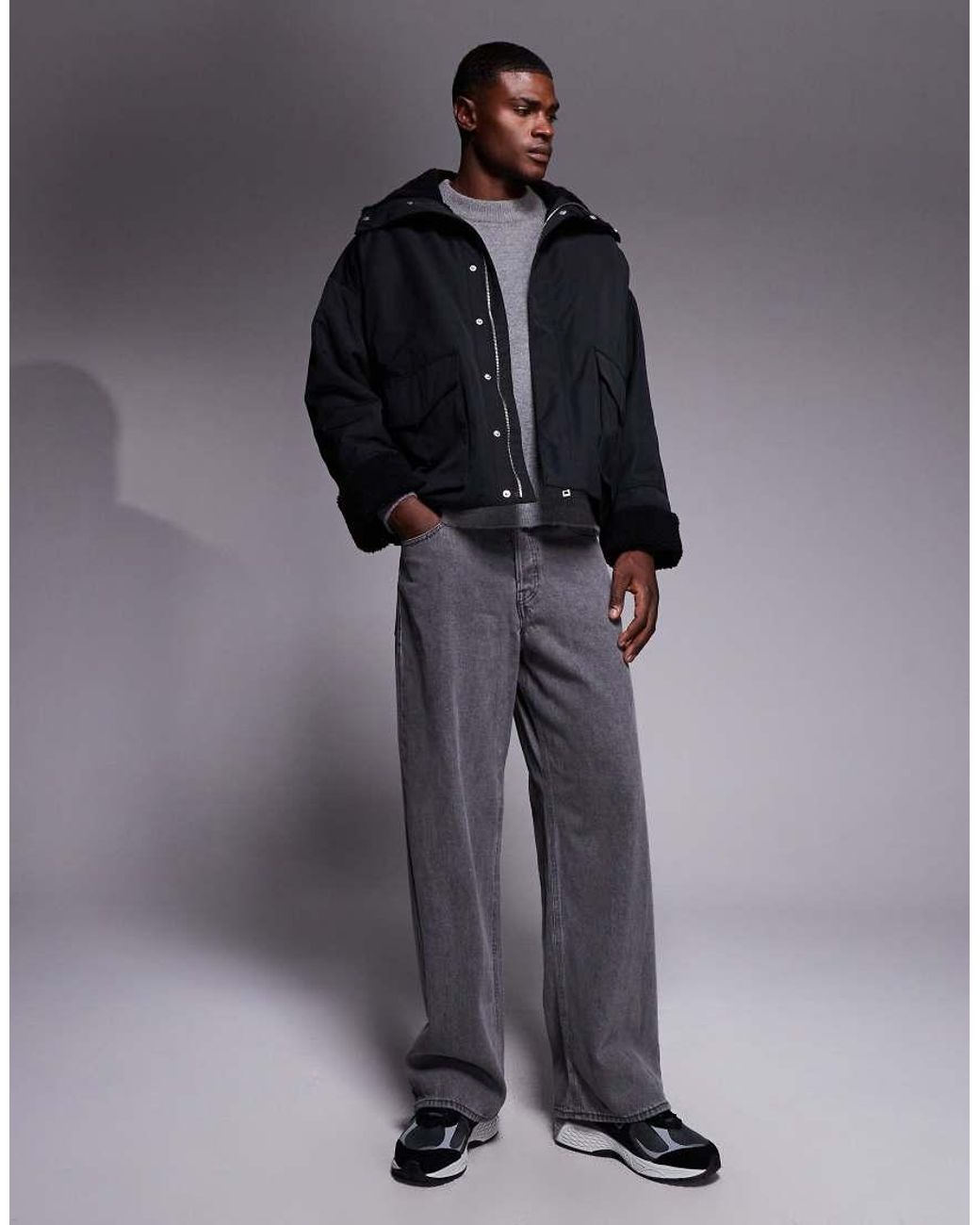ASOS Gray Oversized Padded Jacket With Borg Lining for men