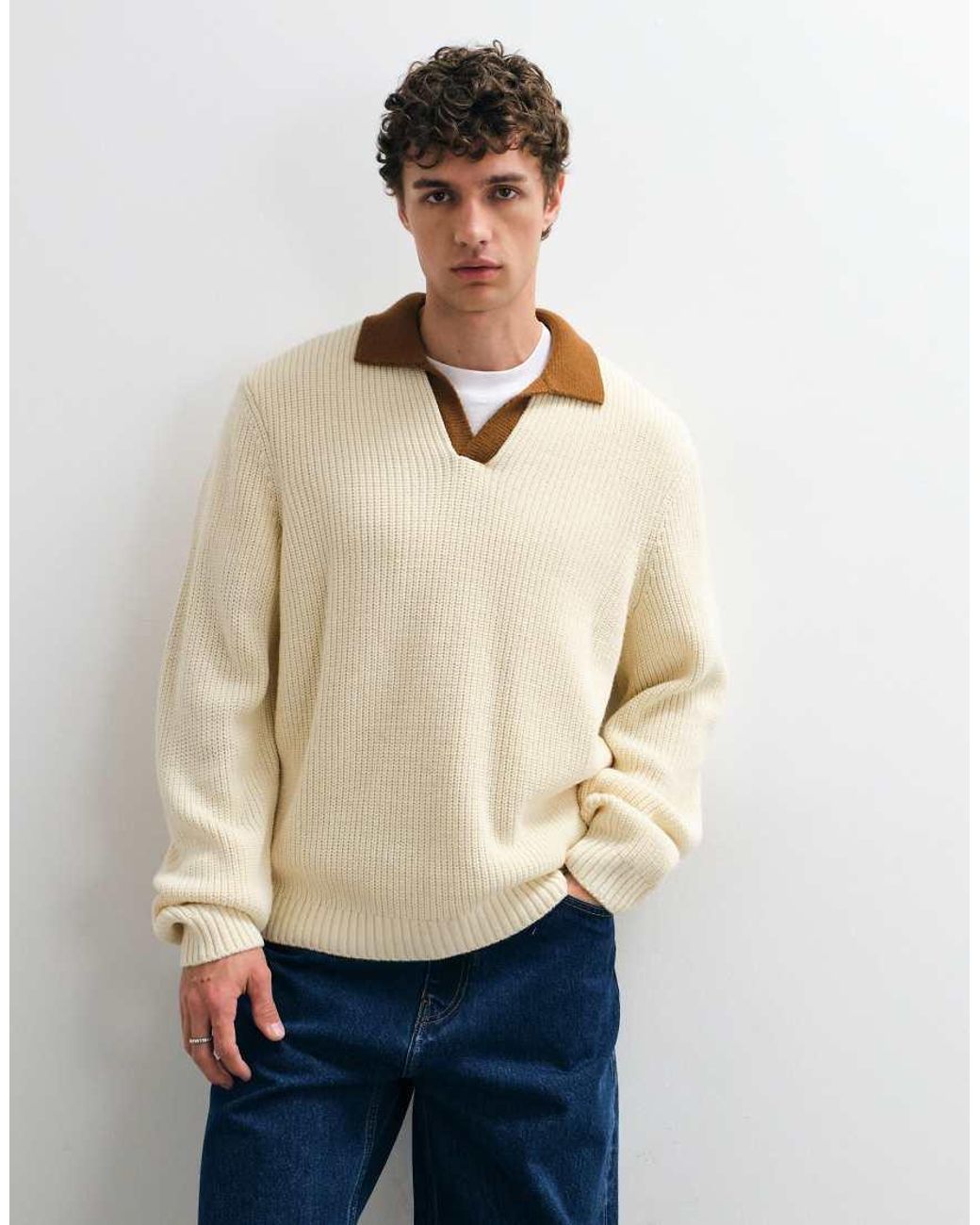 ASOS Natural Relaxed Knitted Polo With Contrast Collar for men