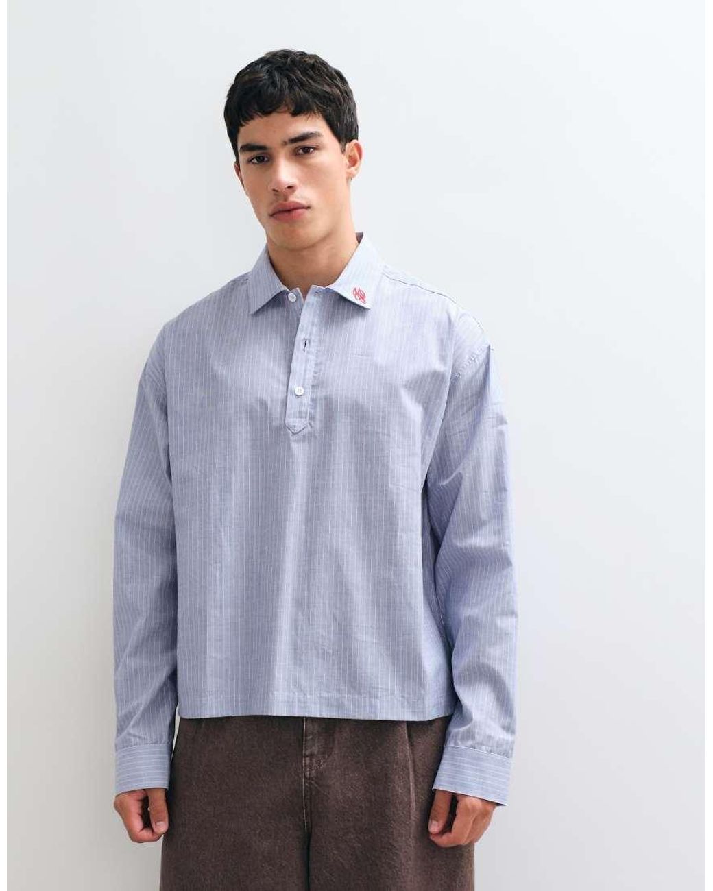 ASOS White Boxy Overhead Stripe Shirt With Collar Embroidery for men