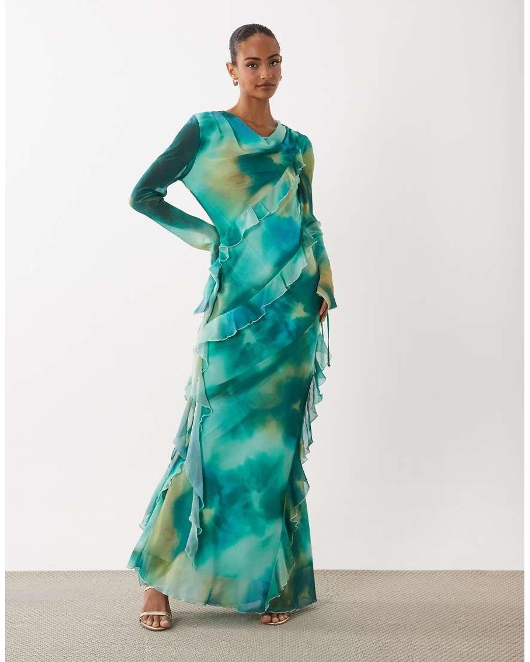 DASKA Green Chiffon High Cowl Neck Frill Detail Maxi Dress
