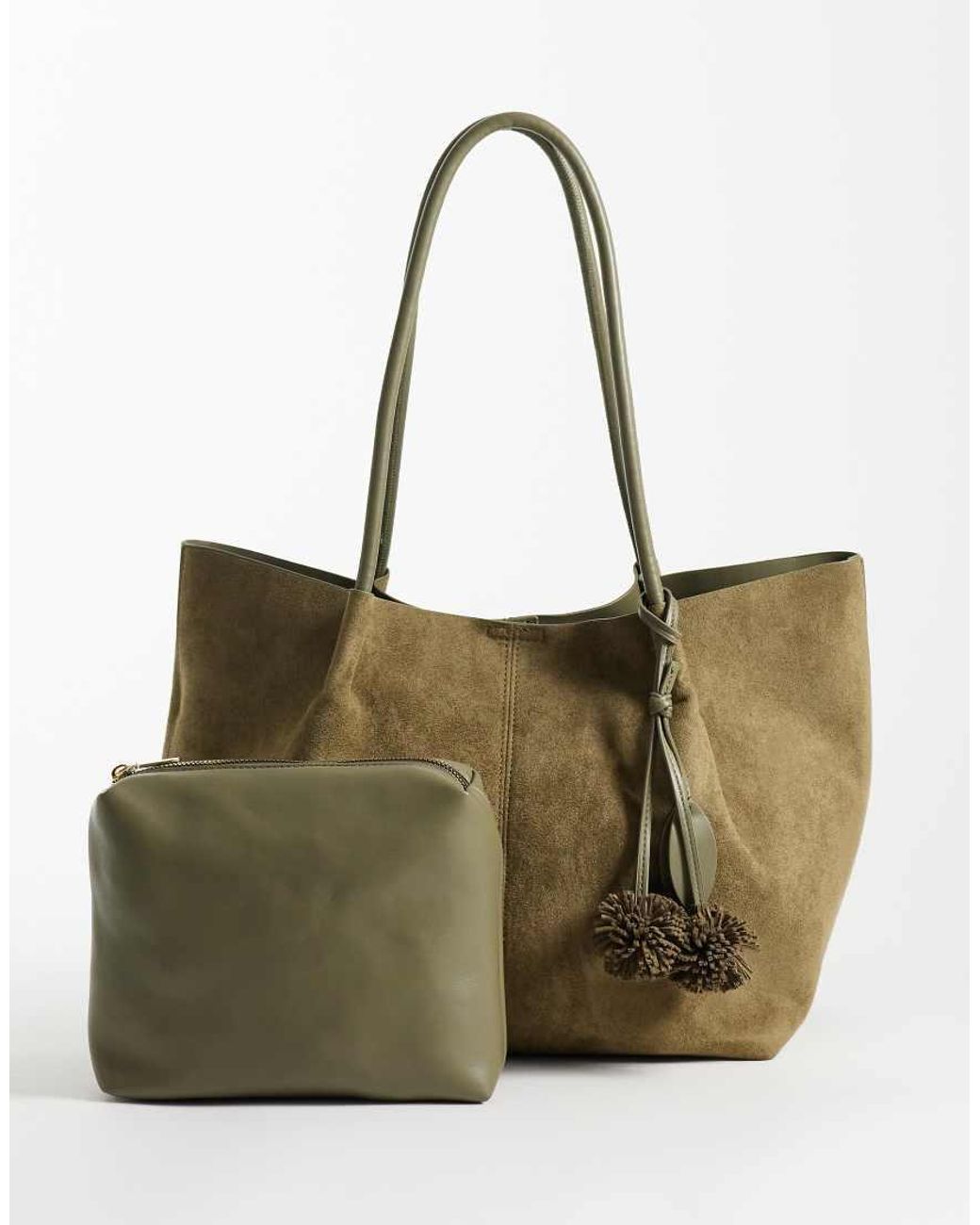 ASOS Natural Faux Suede Tubular Handle Tote Bag With Internal Pouch And Detachable Charm Detail