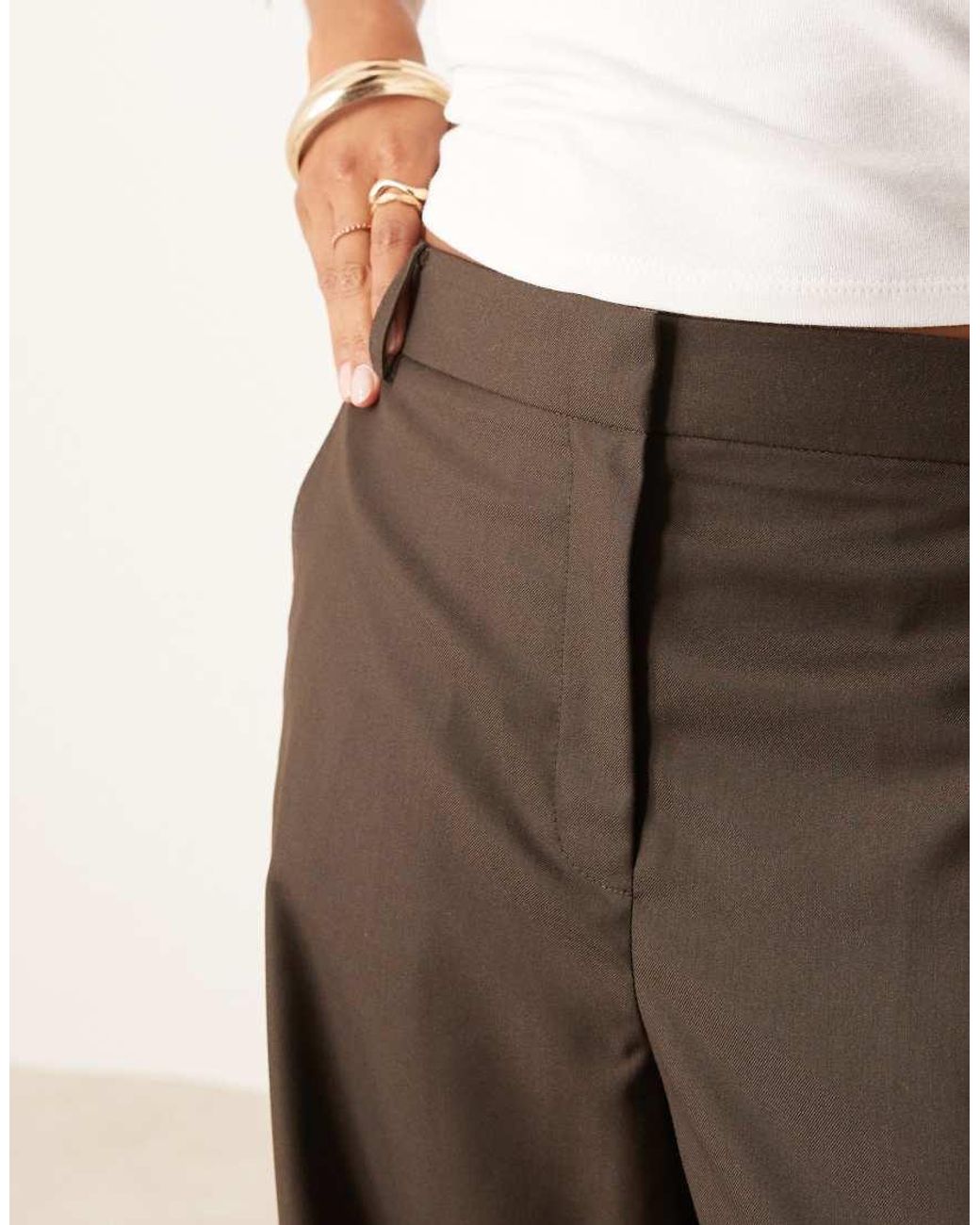 ASOS Brown Petite Tailored Straight Leg Trousers With Cuff And Utility Pocket Detail