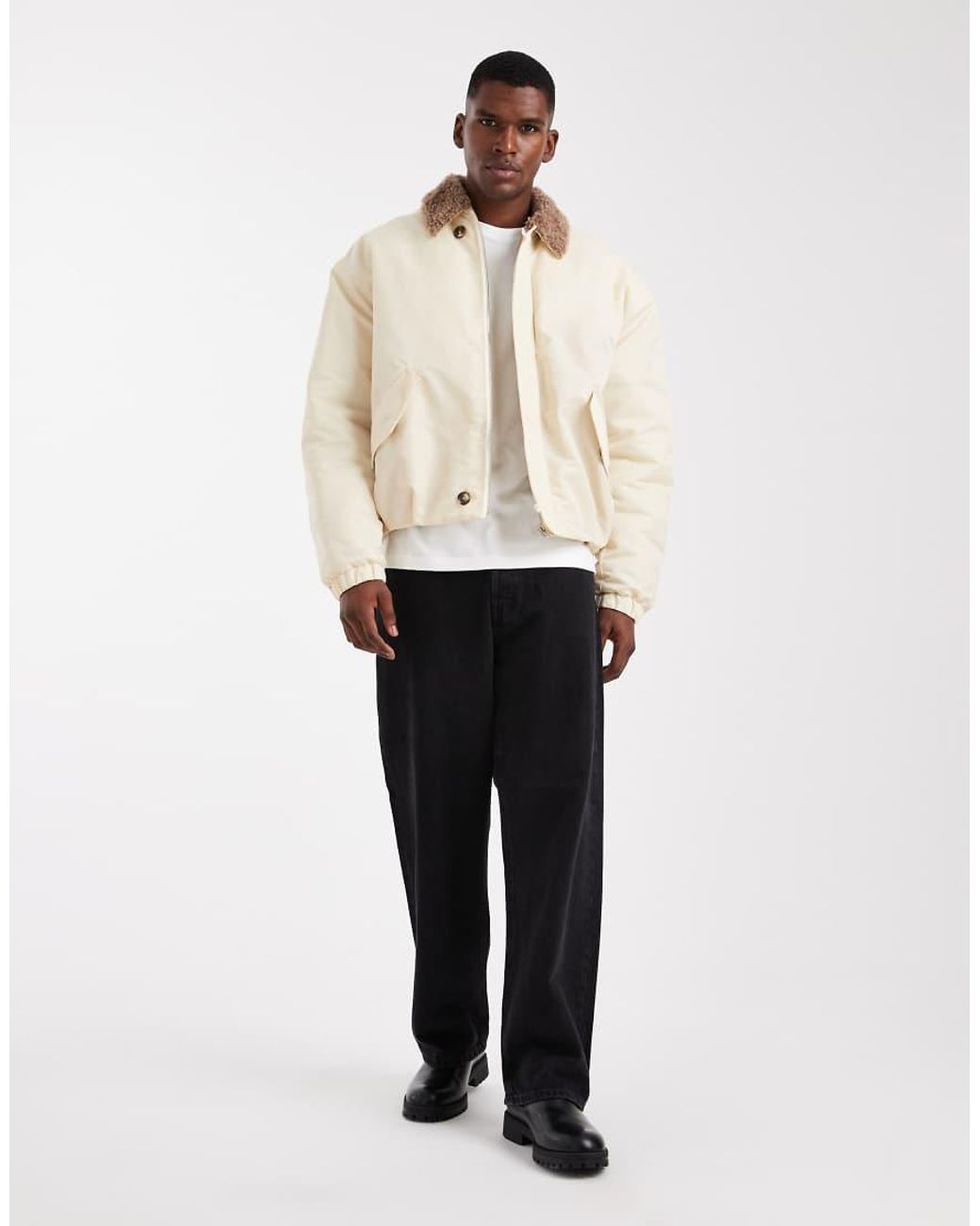 ASOS Natural Bomber Jacket With Borg Collar for men