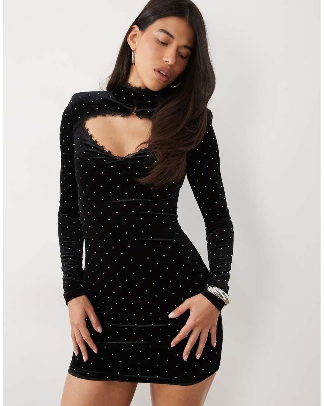 Ruched & Ready Black Velvet Hotfix Mandarin Collar High Neck Lace Trim Shoulder Pad Mini Dress