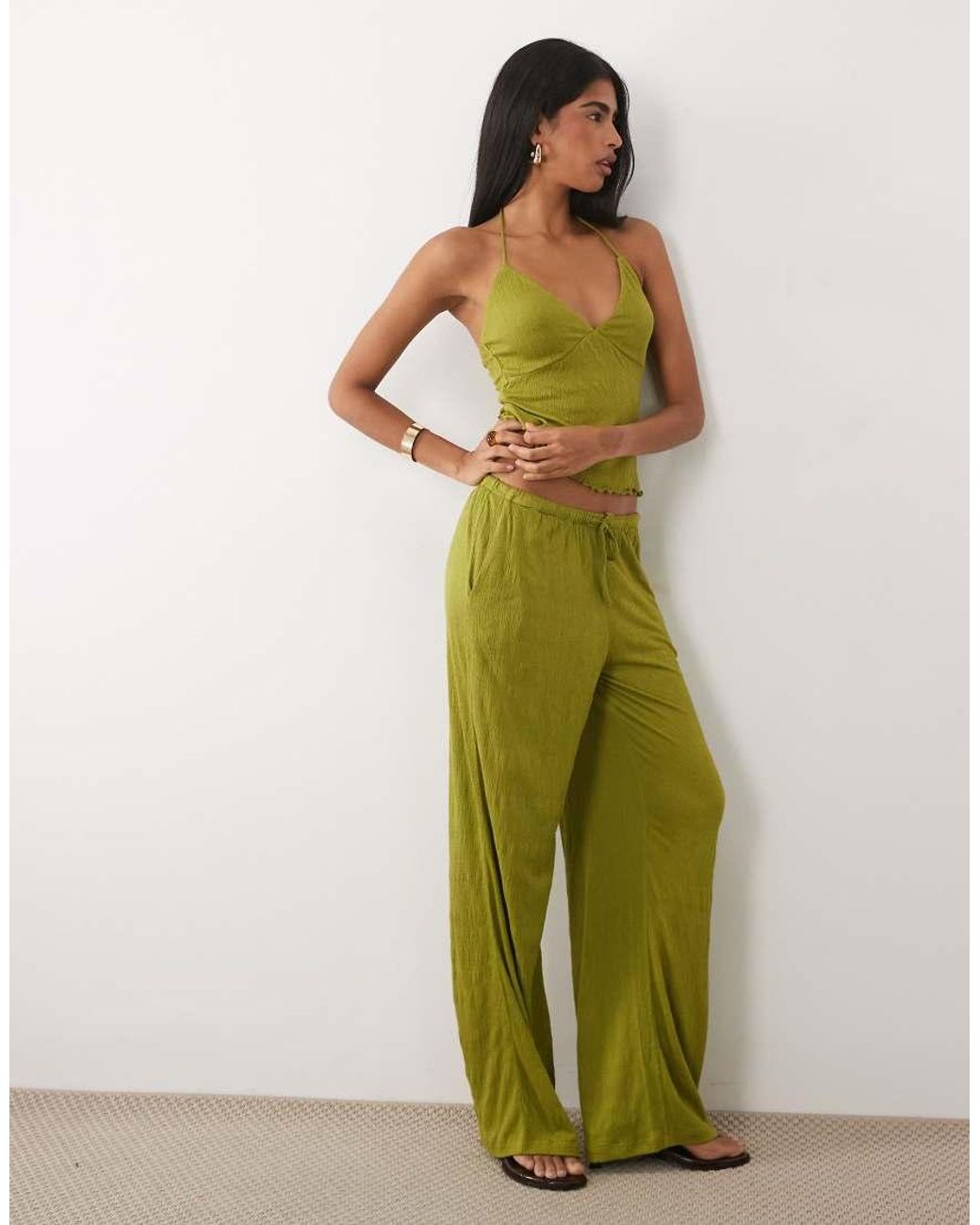 ASOS Green Crinkle Wide Leg Drawstring Pants