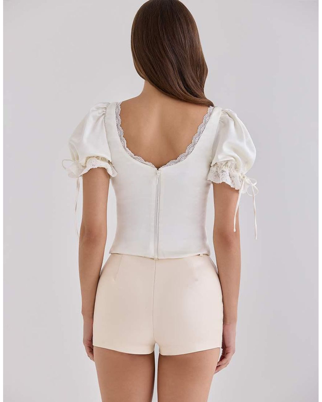 House Of Cb White Elisabetta Ivory Satin Puff Sleeve Lace Trim Top