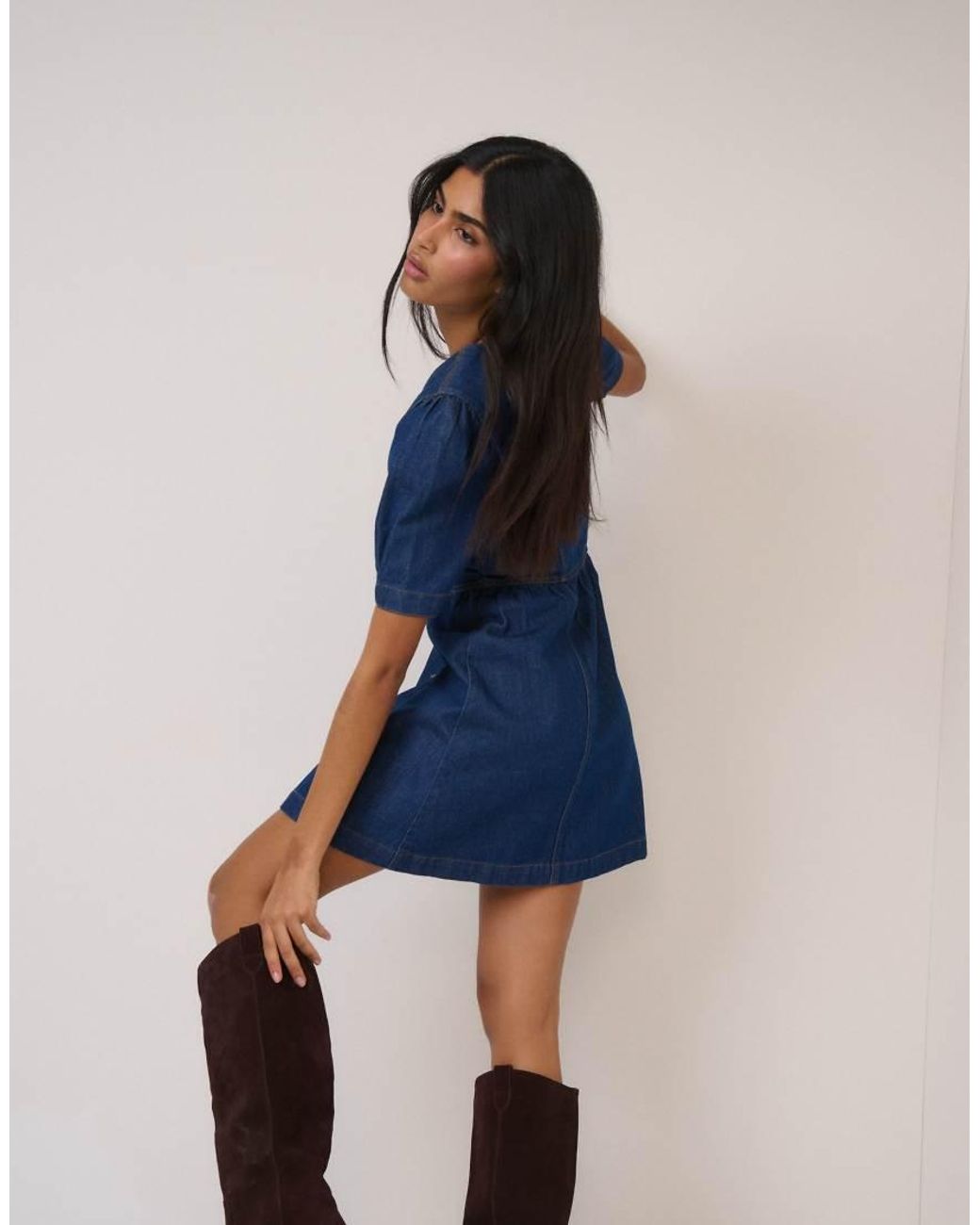 Nobody's Child Blue Short Sleeve Denim Fit And Flare Mini Dress