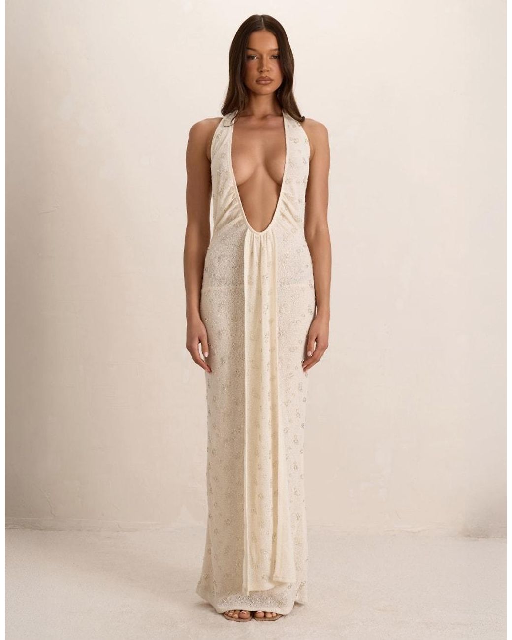 Missy Empire Natural Embellished Knit Plunge Drape Maxi Dress