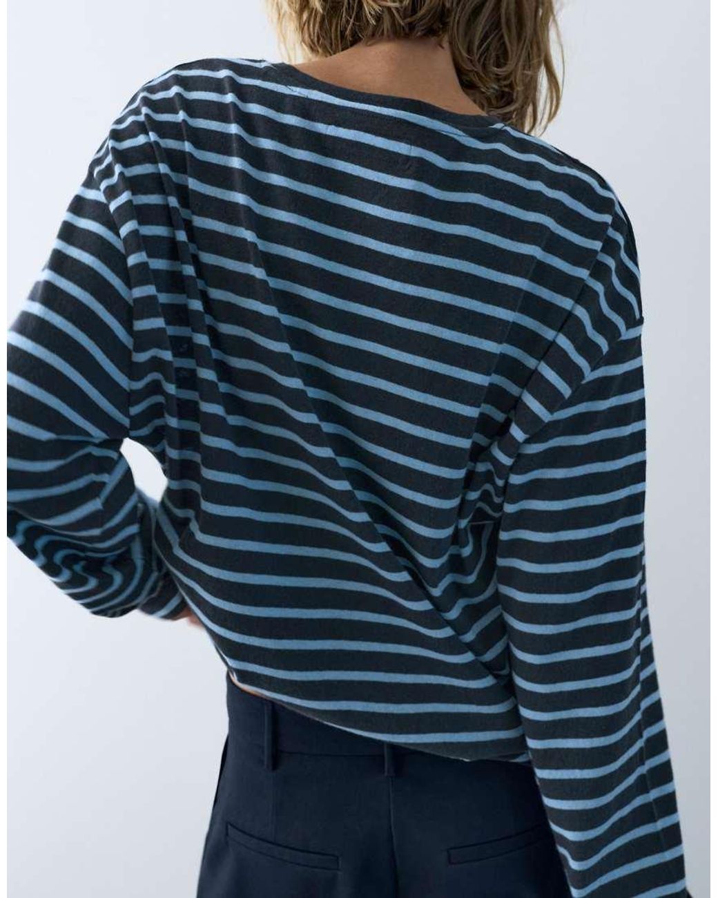 Pull&Bear Blue Striped Long Sleeve T-shirt