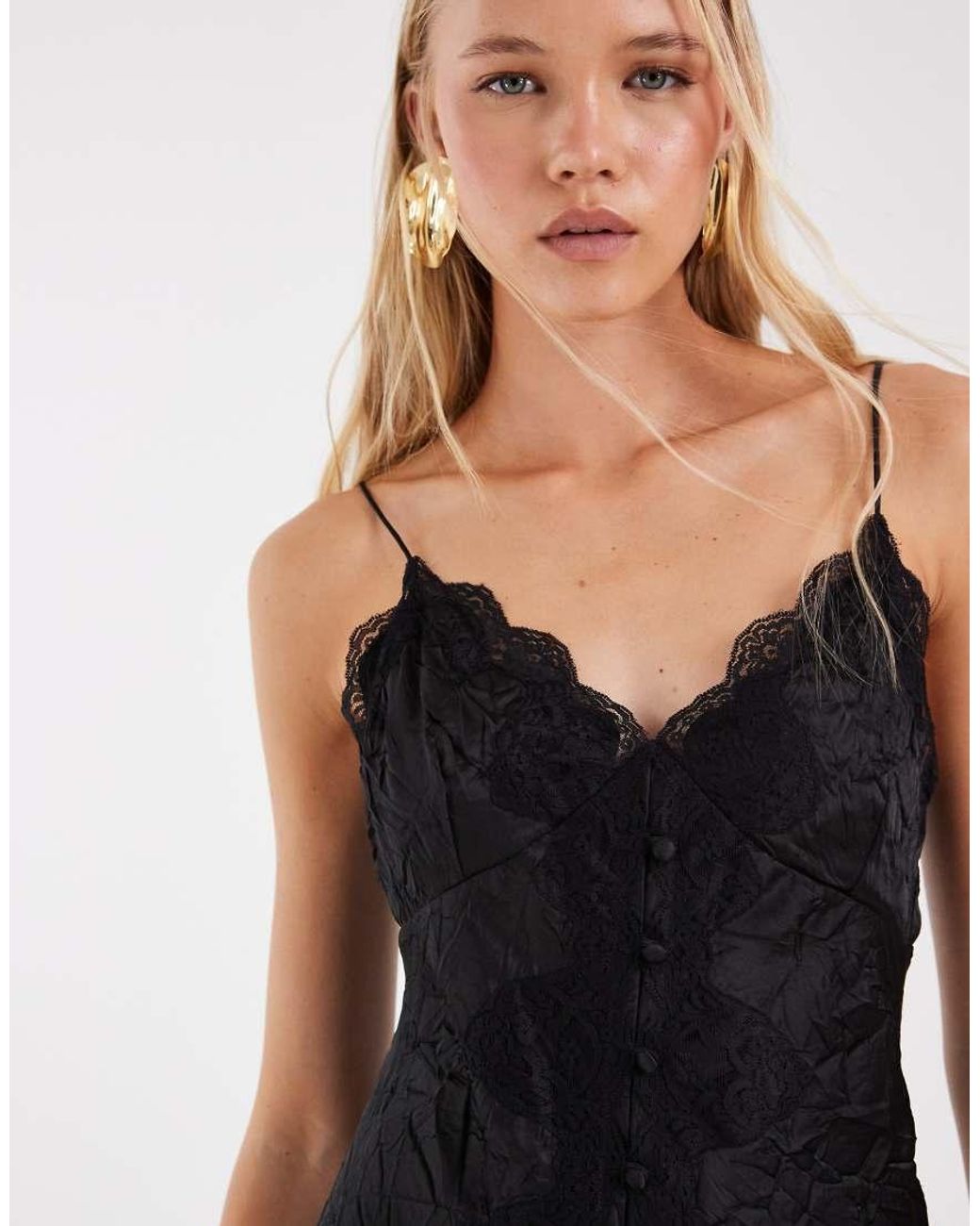 ASOS Black Lace Detail Button Down Front Slip Maxi Dress