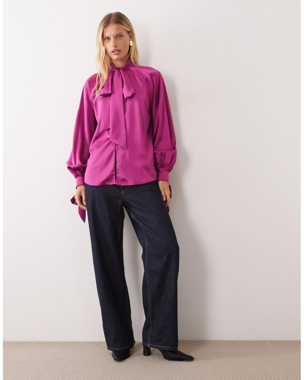 ASOS Pink Satin Tie Neck Button Down Blouse
