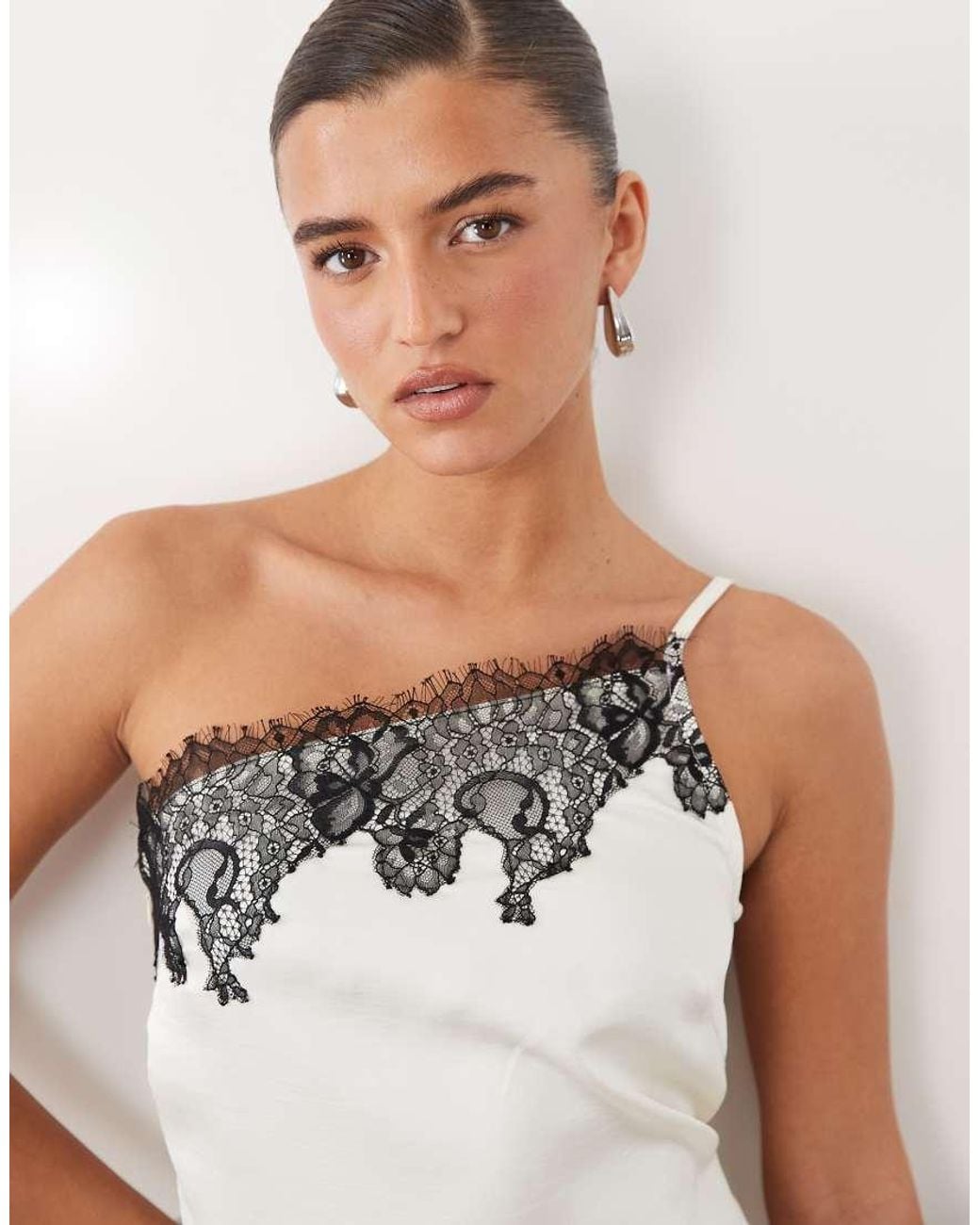 The Frolic White Satin Lace Trim Asymmetric Hem Top Set
