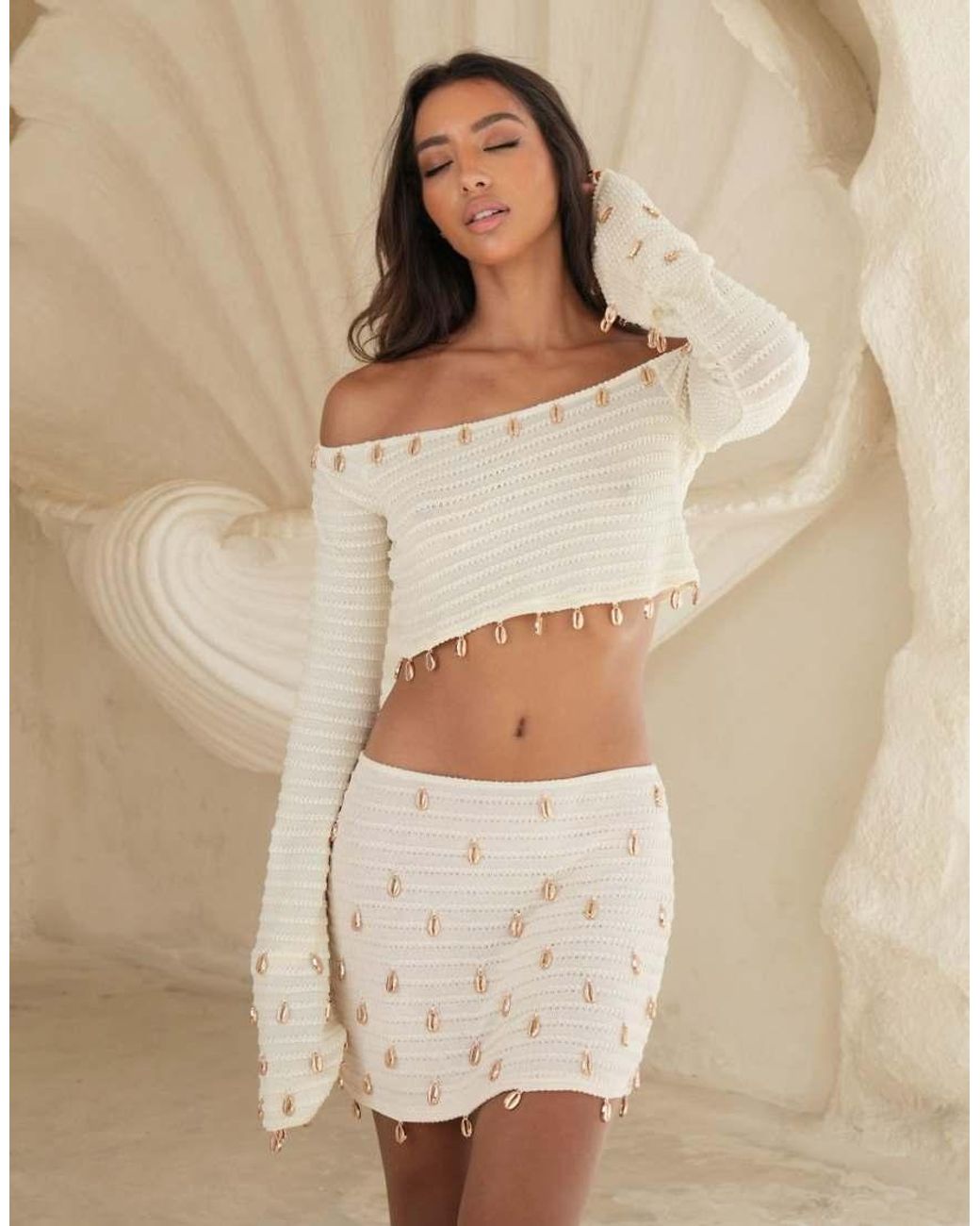 Moda Minx Natural X Alejandra Vidal Knitted Long Sleeve Top And Mini Skirt Set With Shell Trim Detail