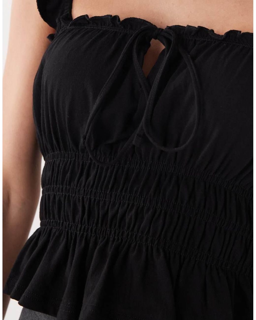 Miss Selfridge Black Shirred Top With Ruffle Sleeve