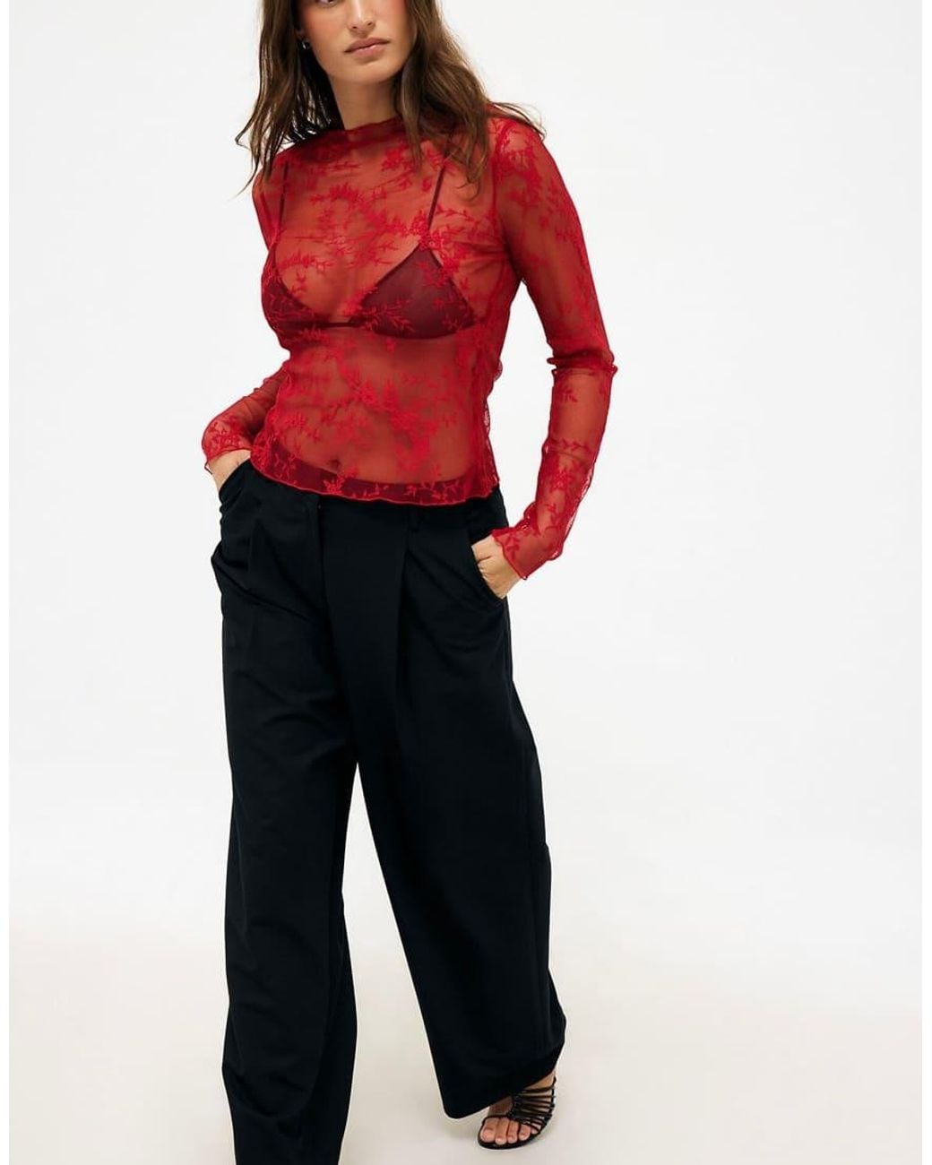 NA-KD Red Long Sleeve Lace Top