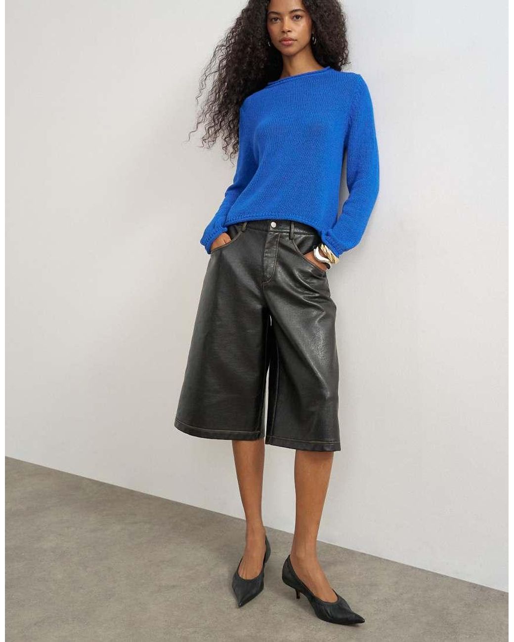 TOPSHOP Blue Knitted Long Sleeve Top With Roll Hem Trims