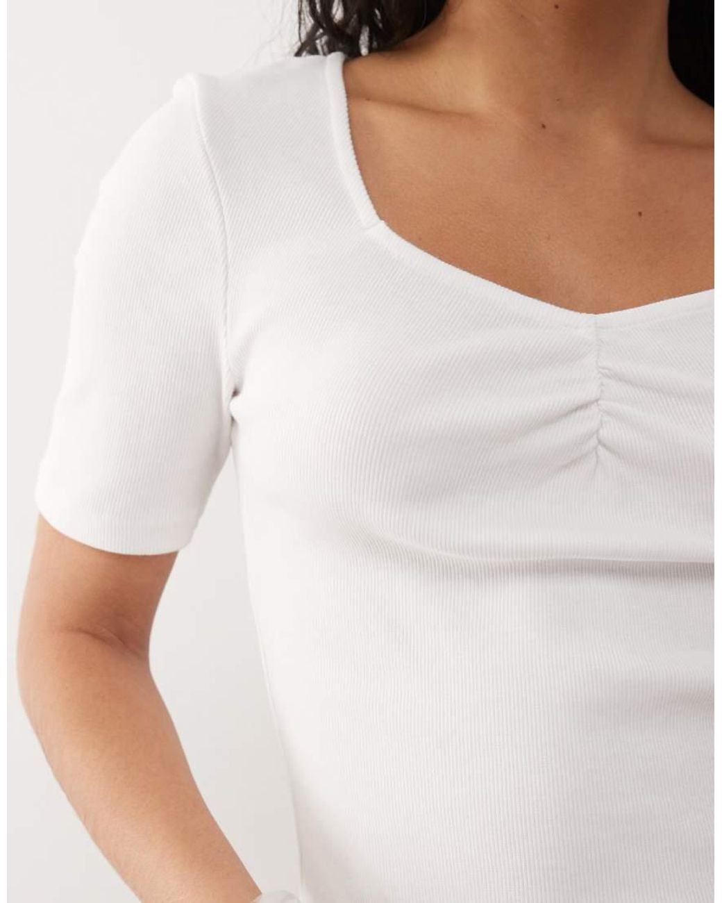 Noisy May White Ribbed Square Neck Rib T-shirt With Ruche Detail