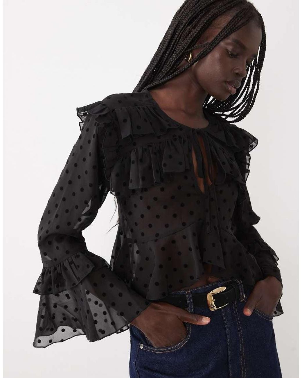 Miss Selfridge Black Tiered Ruffle Blouse With Velvet Polka Dot