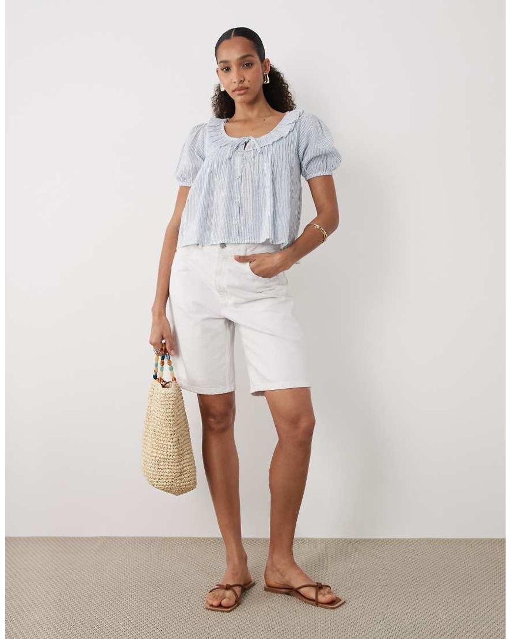 New Look White Stripe Frill Linen Mix Blouse