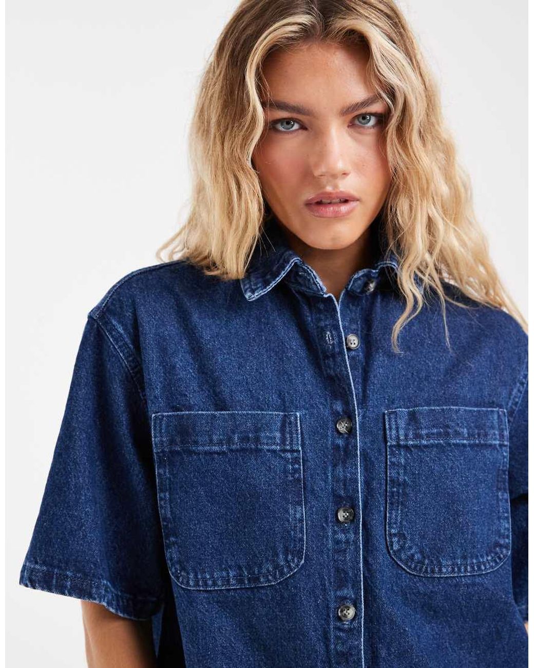ASOS Blue Denim Boxy Shirt Dress With Pocket Detail