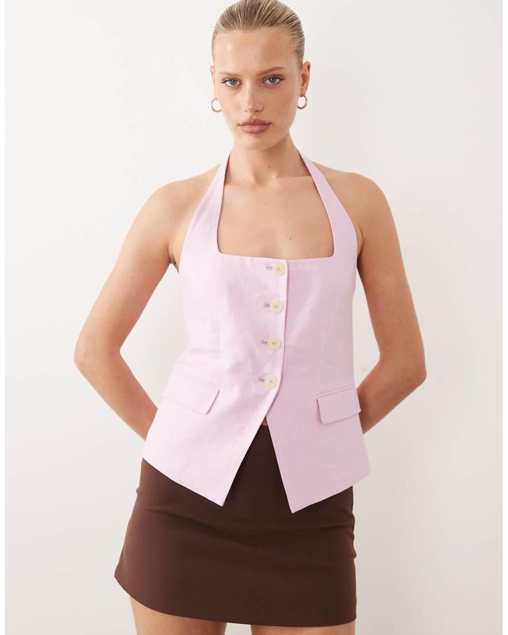 Mango Pink Boreli 100% Linen Halterneck Waistcoat Co-ord