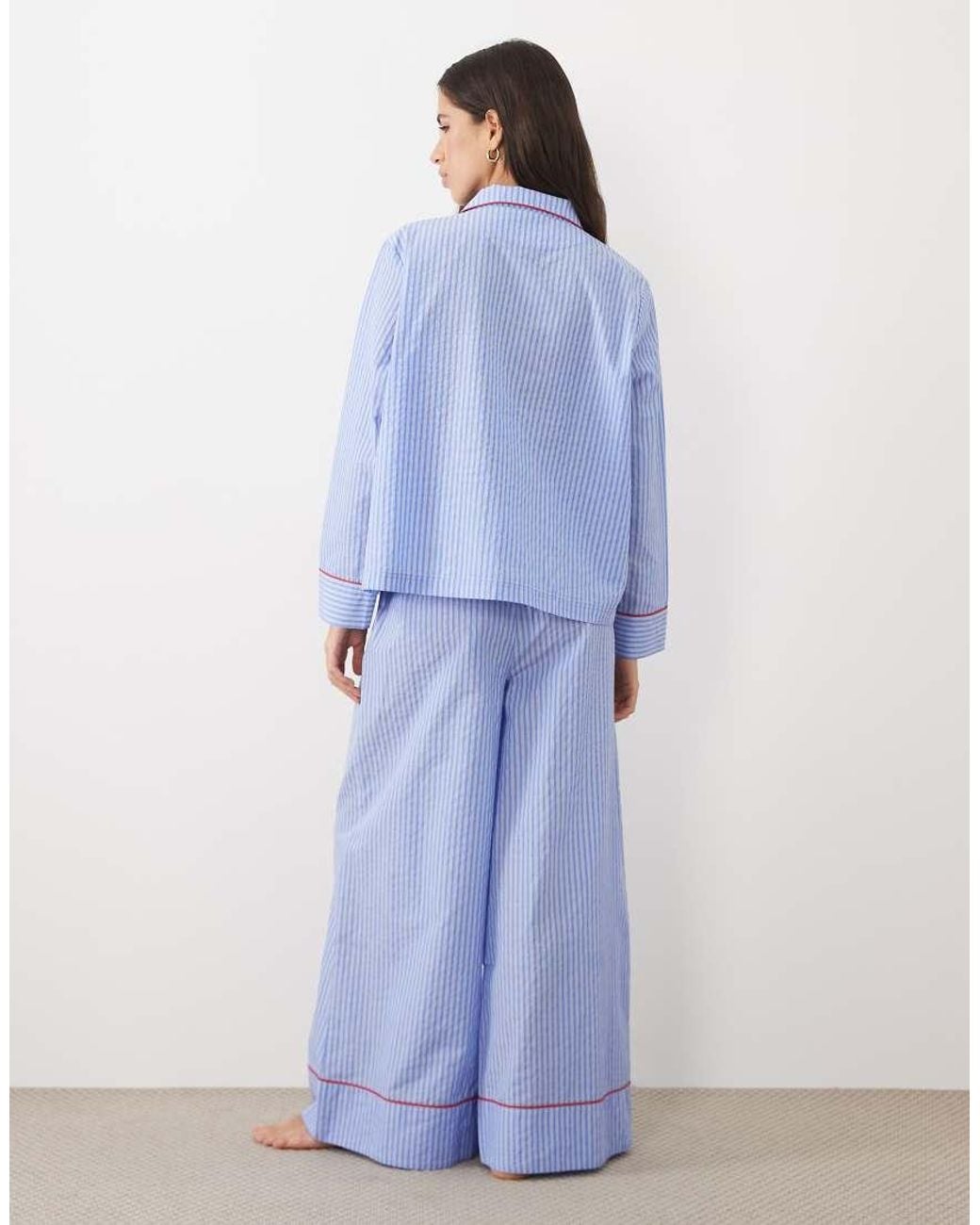 ASOS Blue Woven Cotton Long Sleeve Shirt And Wide Leg Trouser Pyjama Set