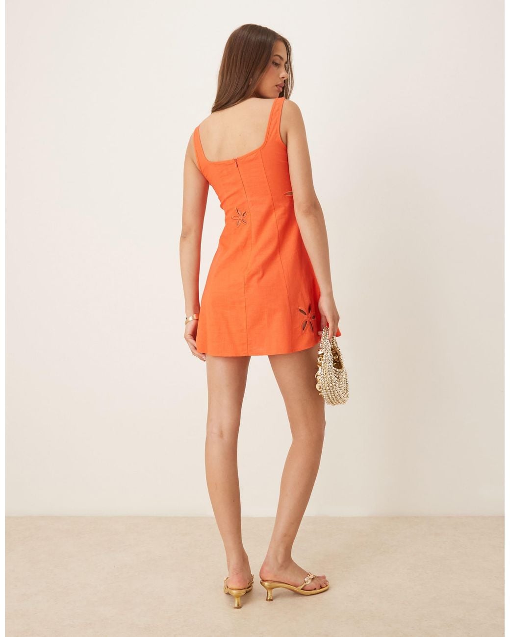 SNDY'S Linen Blend Square Neck Keyhole Flower Cutout Mini Dress in Orange |  Lyst