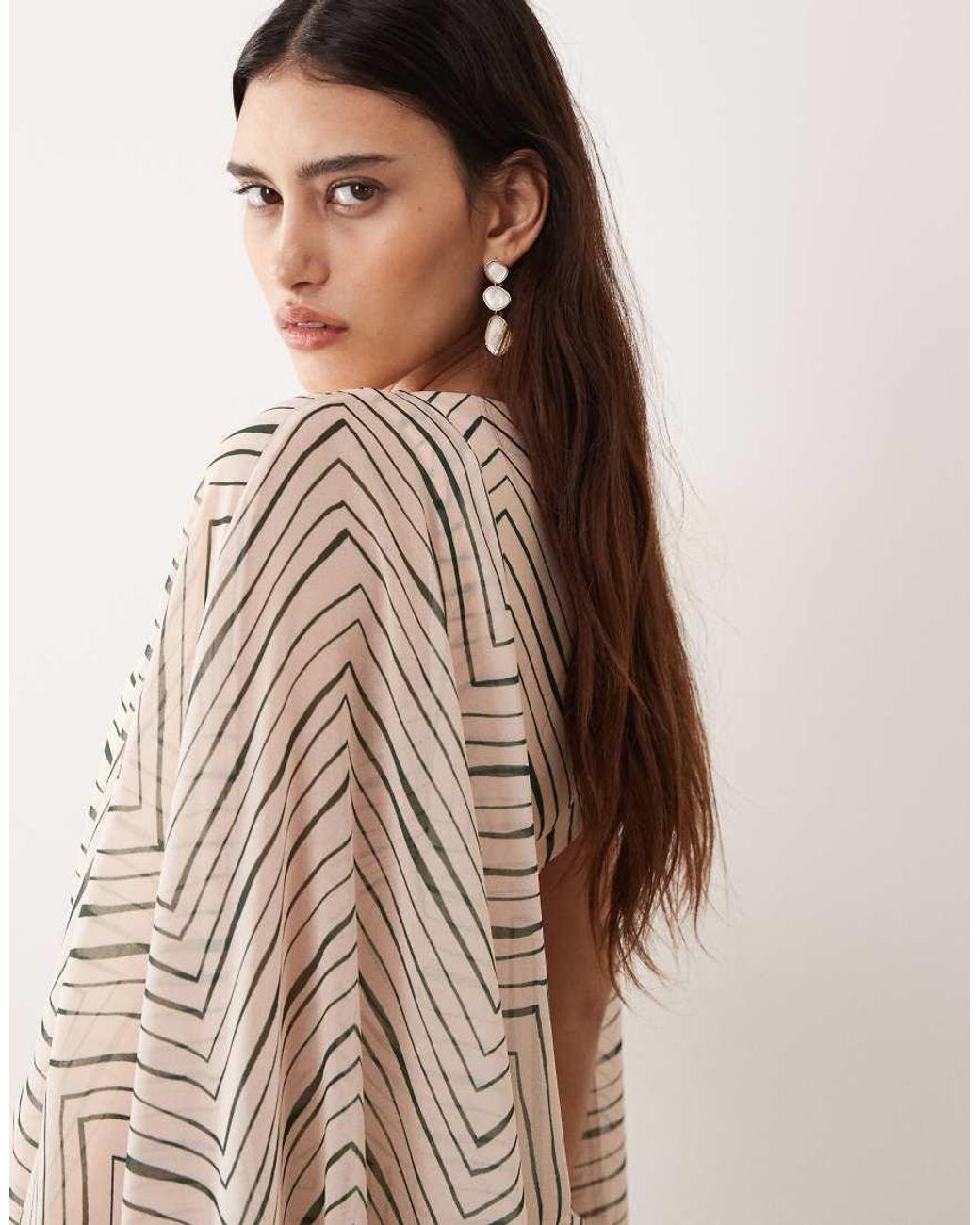 ARRANGE Natural Drop Waist Grecian Draped Cape Sleeve Maxi Dress