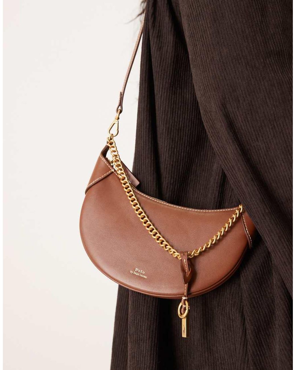 Polo Ralph Lauren Brown Id Mini 100% Leather Crossbody Chain Bag