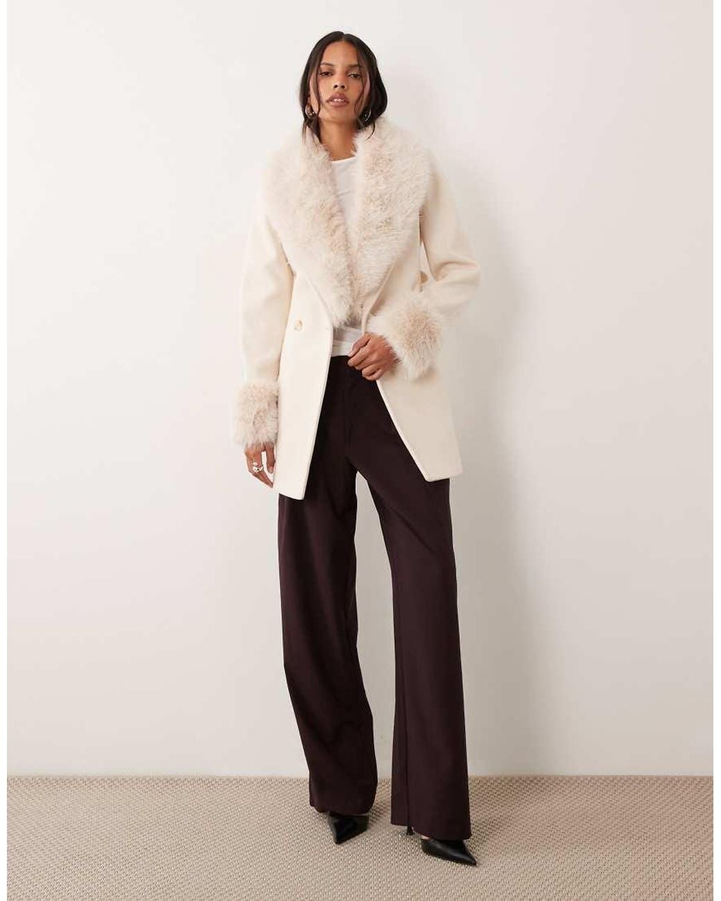 Forever New Natural Faux Fur Collar Cuff Tie Belt Short Coat