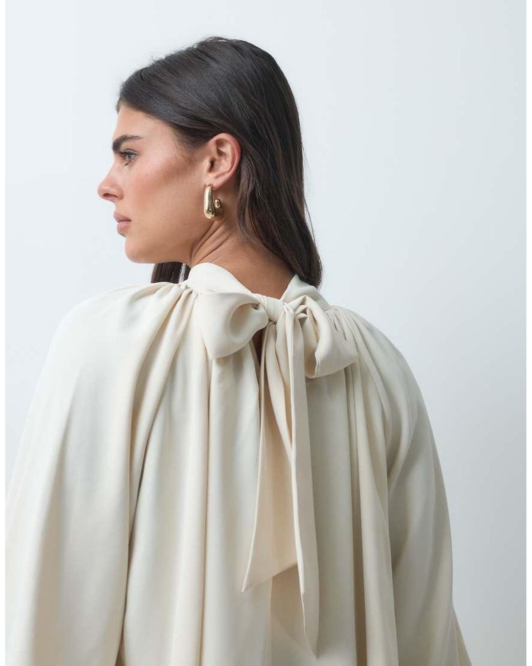 Iyal Gray Chiffon Crepe High Neck Boho Tie Sleeve Detail Blouse