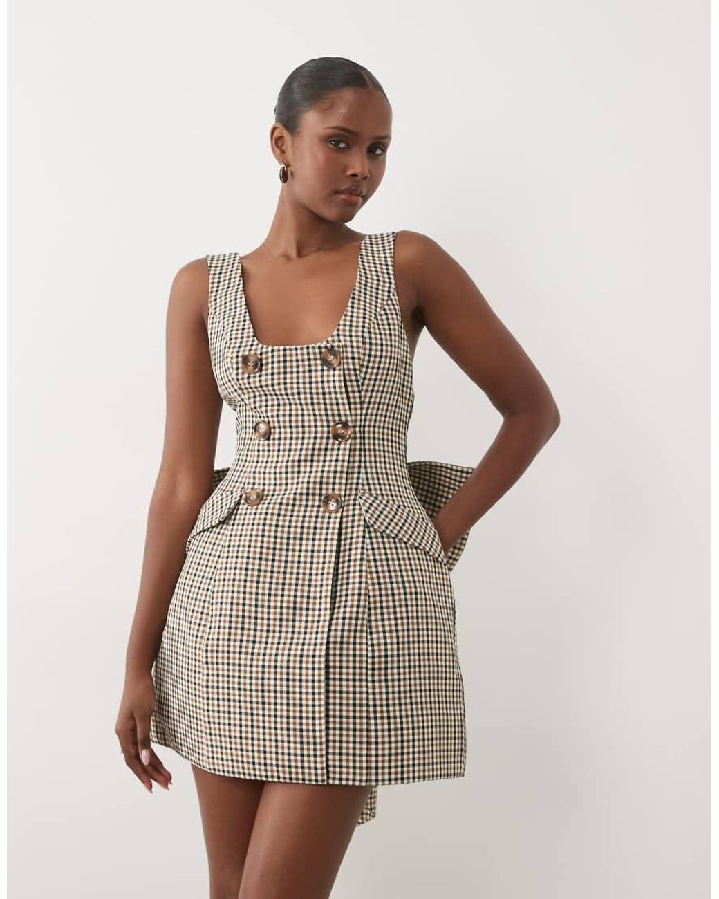 ASOS Brown Tailored Check Button Detail Mini Dress With Pockets