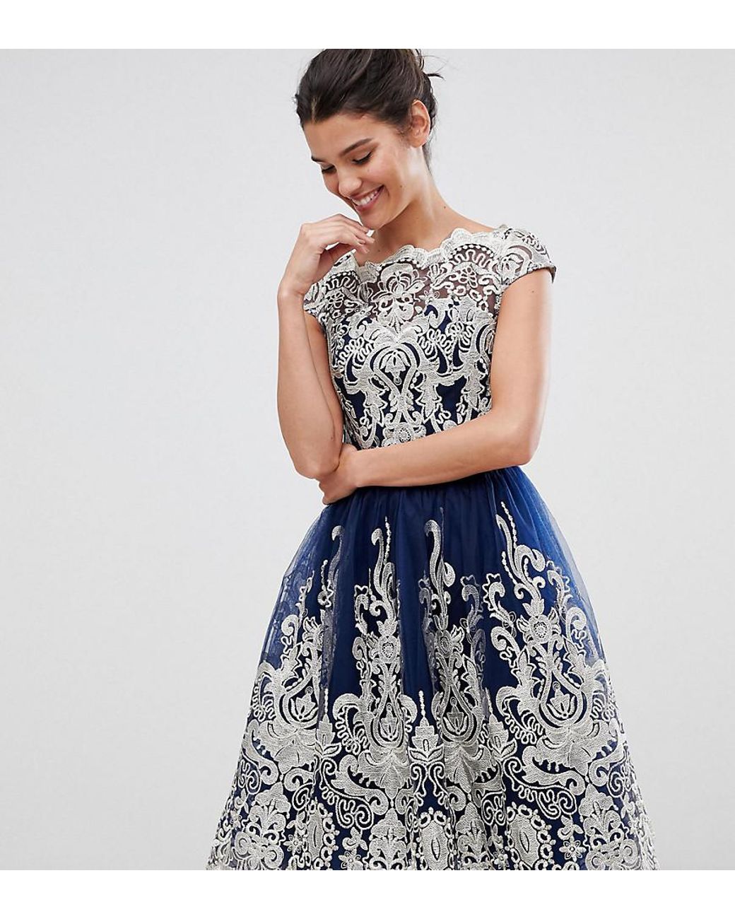 Chi Chi London Premium Metallic Lace Midi Prom Dress With Bardot Neck in  Blue | Lyst