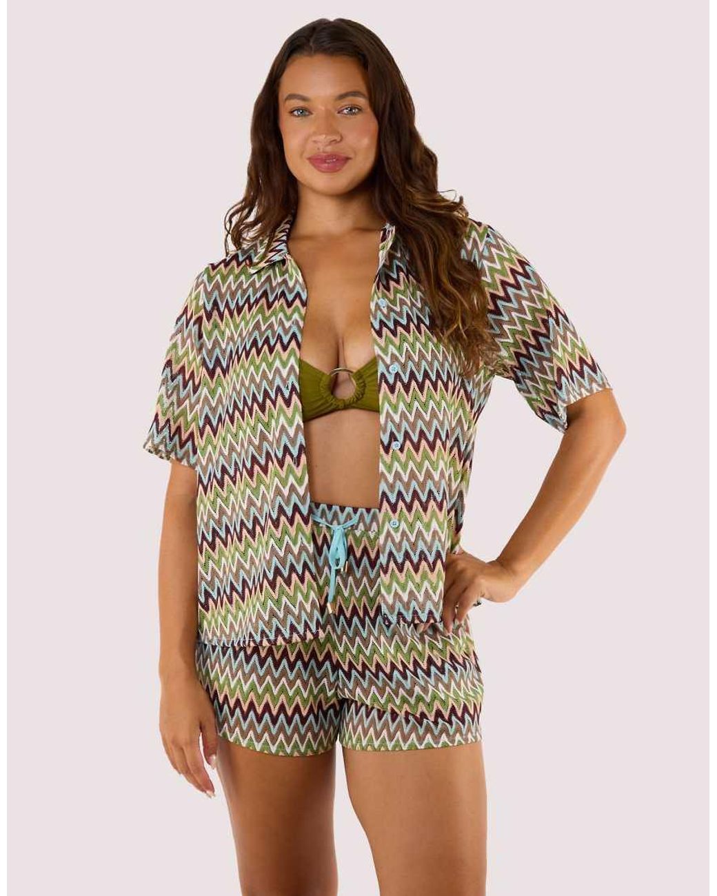 Wolf & Whistle Green Kalahari Zig Zag Crochet Beach Shirt