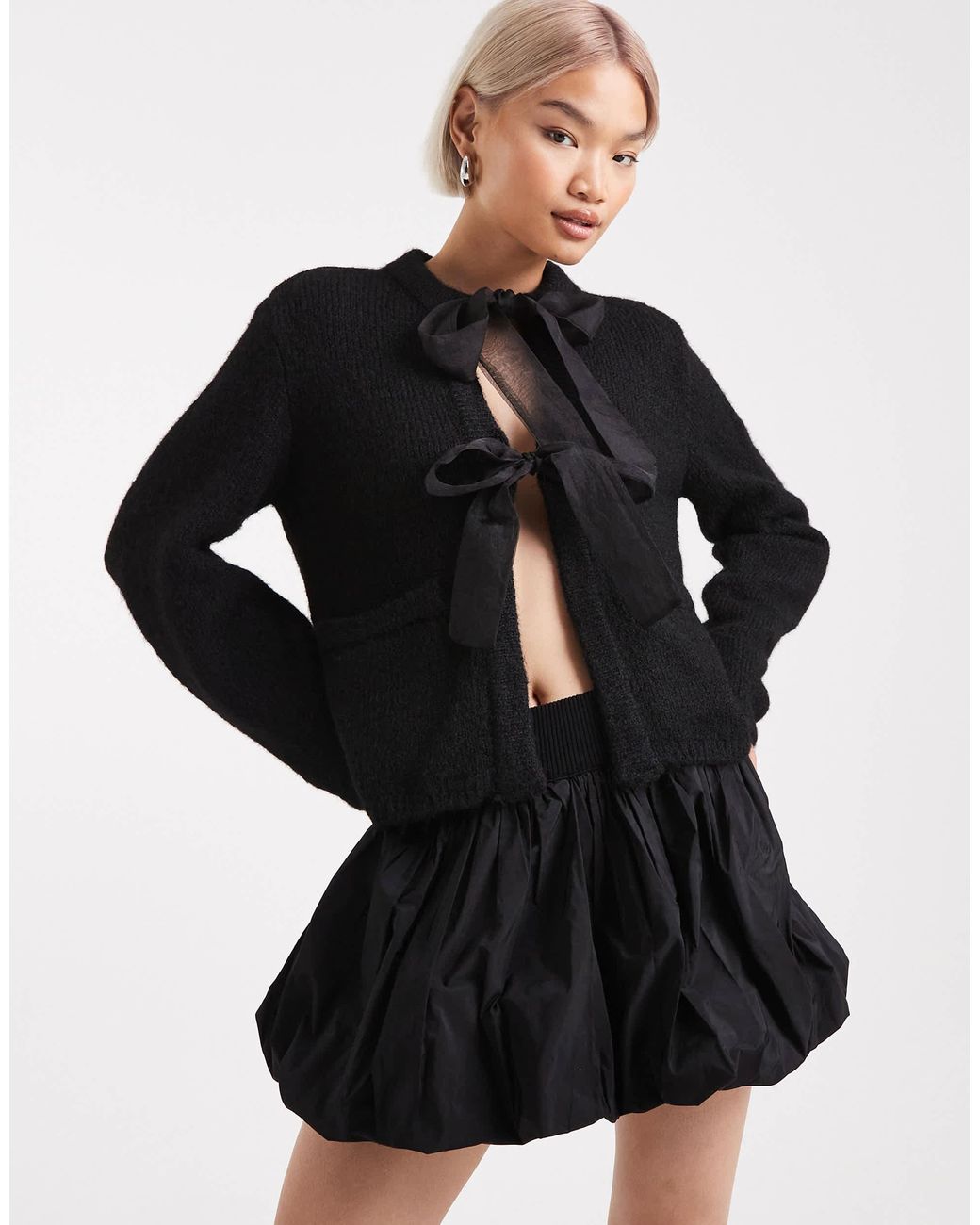 Object Oversized Satin Bow Knitted Cardigan in Black | Lyst