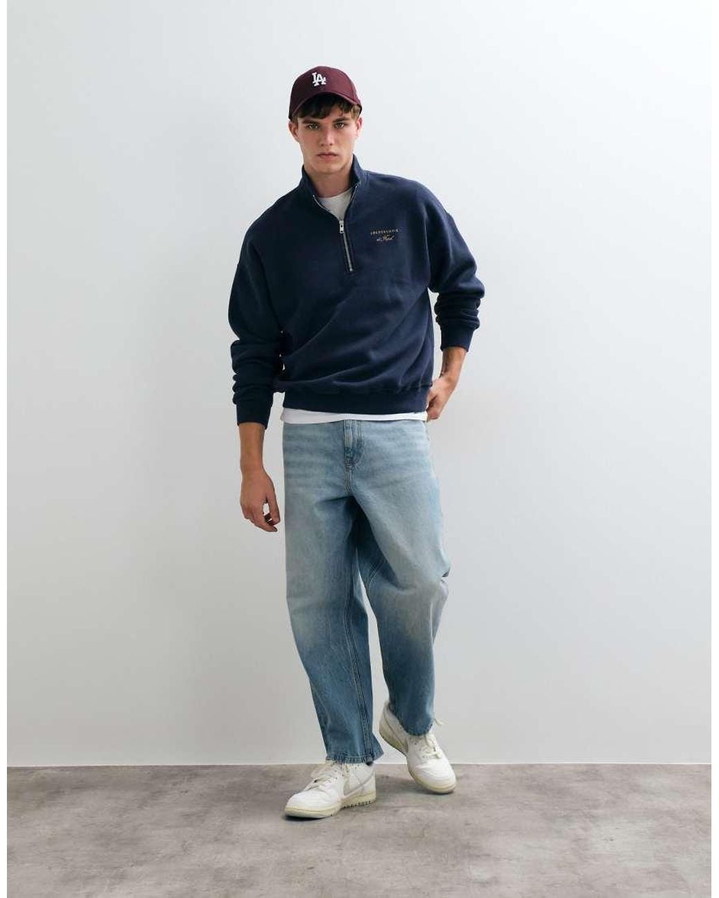 Abercrombie & Fitch Blue Script Logo Oversized 1/4 Zip Sweatshirt for men